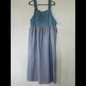 Denim Gingham Overall Jumper Dress 1990s Y2K Medium Long Line Maxi Empire Waist